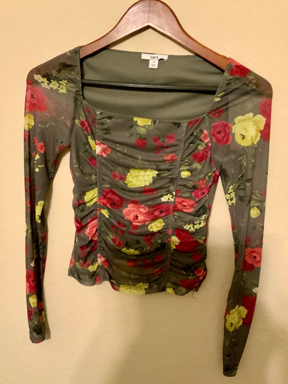 Bar III Olive Floral Ruched Long Sleeve Top with Pink & Yellow Flowers